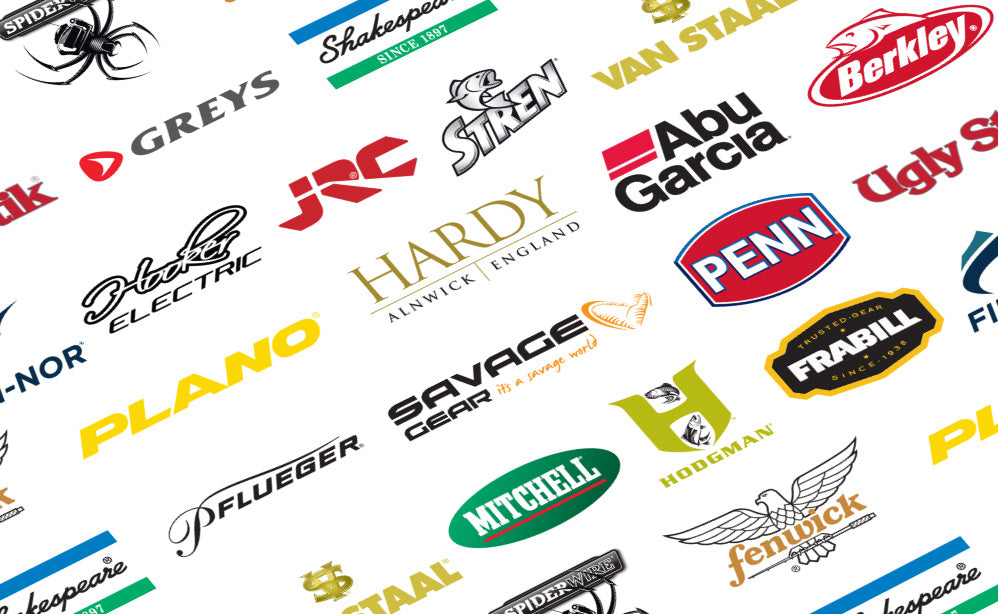 Collection of various fishing tackle brand logos on a white background