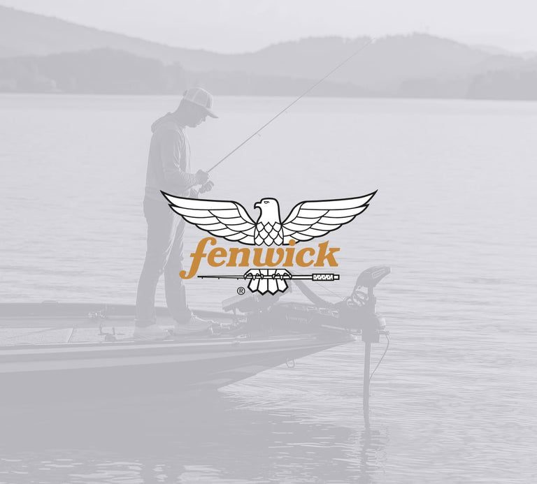 Fenwick logo with a person fishing on a boat in the background