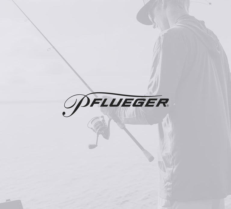 Person holding a fishing rod with 'Pflueger' logo overlay