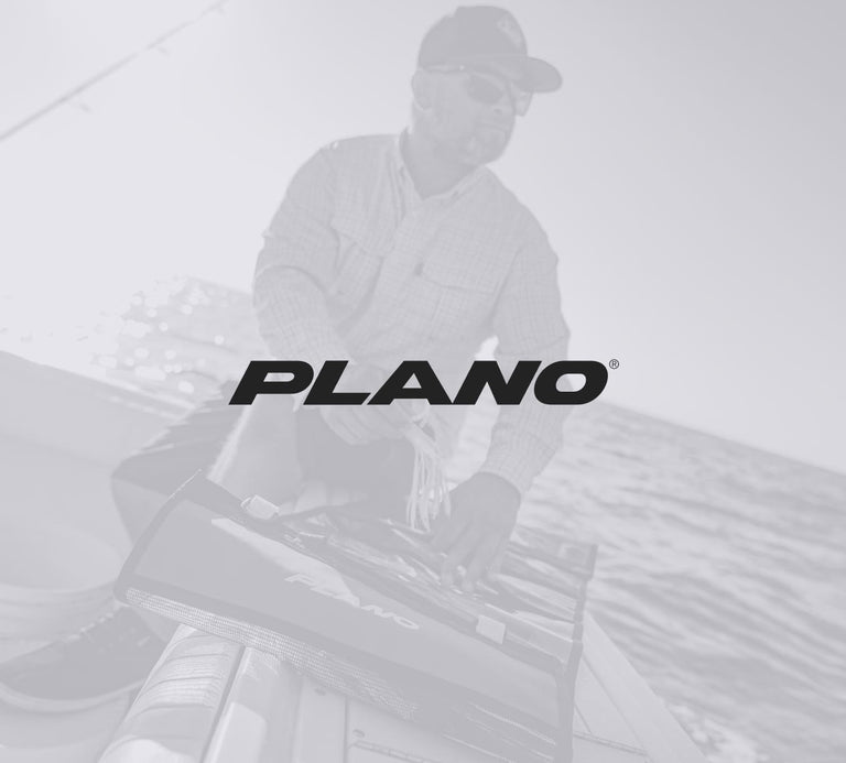 Person holding a fishing rod with 'Plano' logo overlay