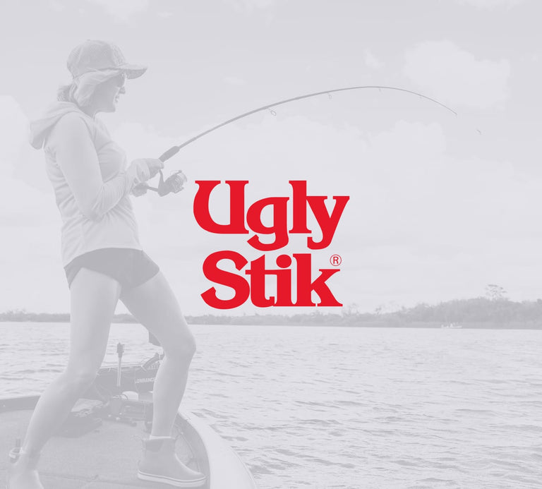 Person fishing with 'Ugly Stik' logo overlay on a gray background