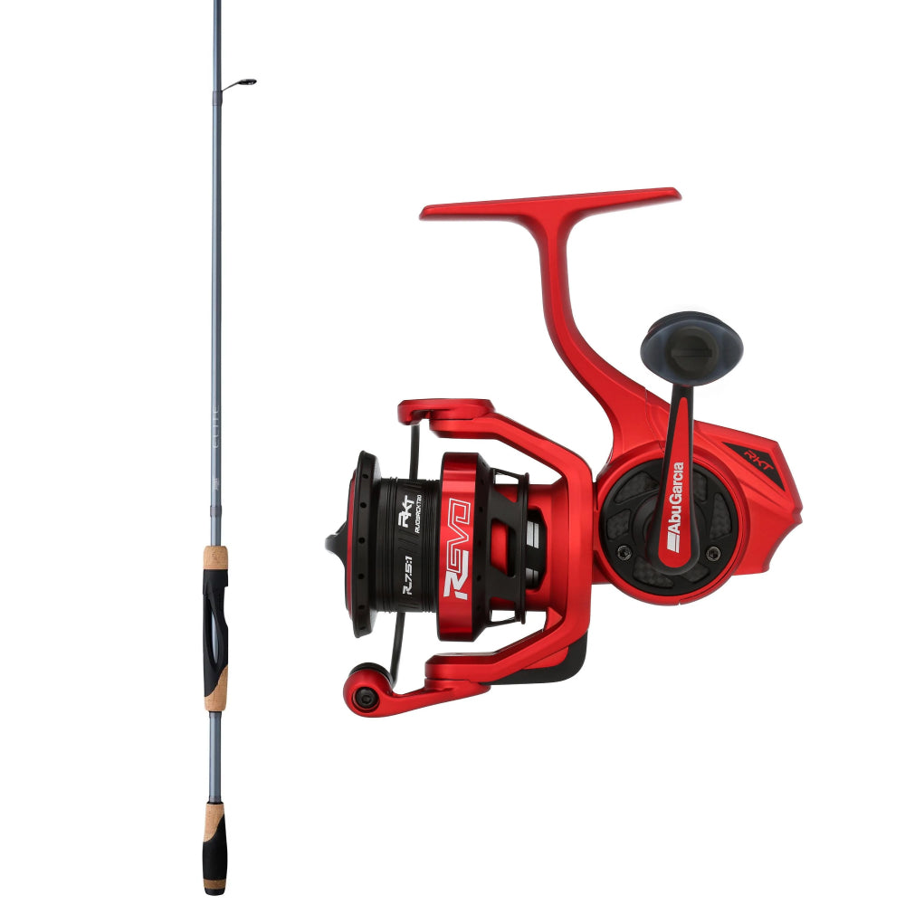 Red fishing reel with a black and gold rod on a white background