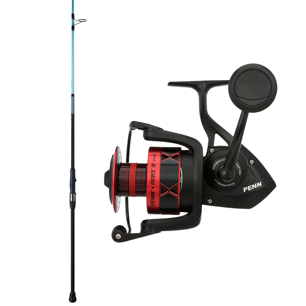 Fishing reel with red accents and a Penn brand logo on a white background