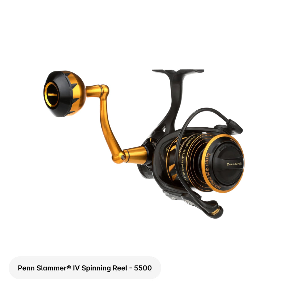 Penn Slammer IV Spinning Reel with gold and black design on a white background